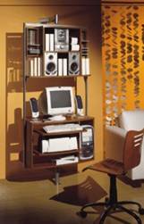 FIGURA 479 -	ESTANTE - COM CRISTALEIRA, PORTA-CDS, RACK PARA SOM, TV E DVD &ndash; E M&Oacute;VEL DE ESCRIT&Oacute;RIO RESIDENCIAL (HOME OFFICE) &ndash; COM MESA PARA COMPUTADOR E ESTANTES PARA IMPRESSORA, SCANNER, APARELHO DE SOM E LIVROS - DA RUDNICK (BRASIL, 2003)